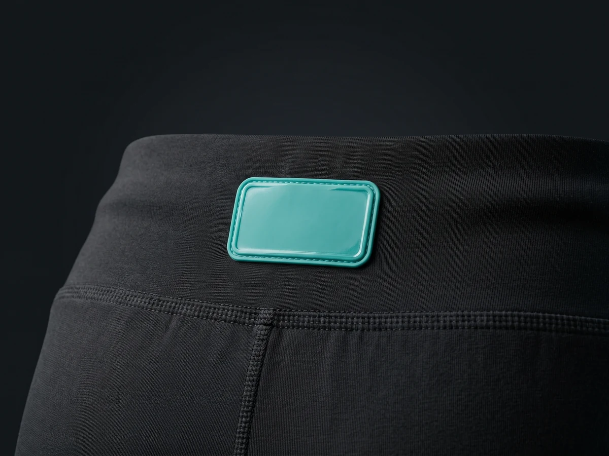 Silicone heat-transfer patch on the waistband of compression shorts, close-up