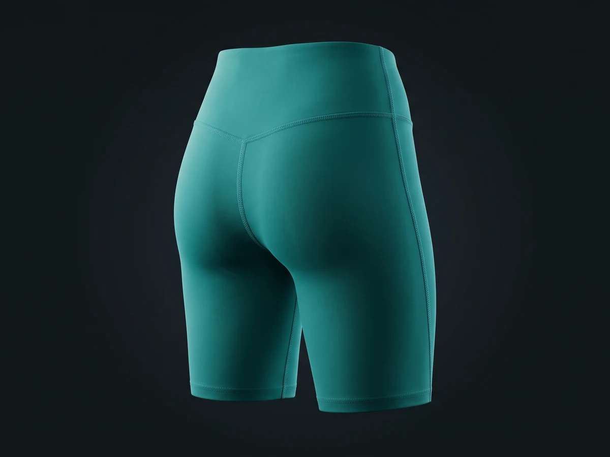 Women's high-waist compression biker shorts in teal nylon-spandex on an invisible form