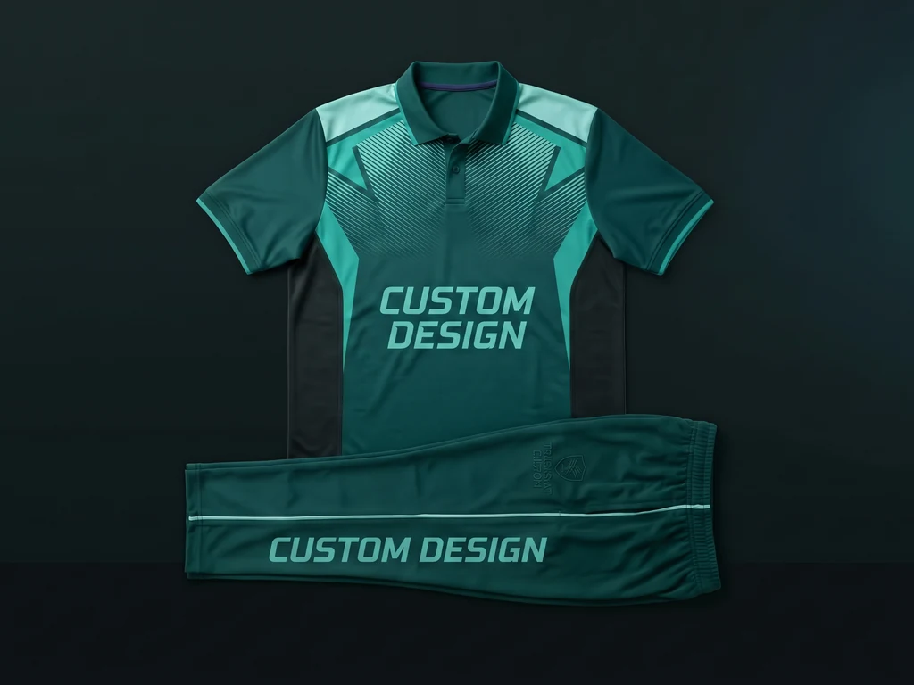 Custom coloured T20 cricket shirt and trousers in teal and charcoal with a CUSTOM DESIGN print, sublimated by Jafsu Enterprises