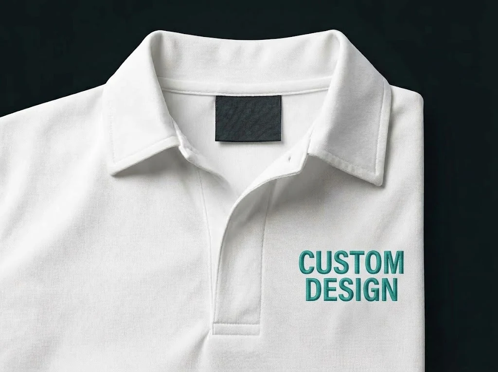 Embroidered CUSTOM DESIGN lettering on the left chest of a white cricket shirt, beside a blank woven neck label