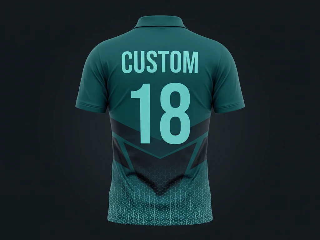 Back of a sublimated coloured cricket shirt showing a player name and a two-digit squad number