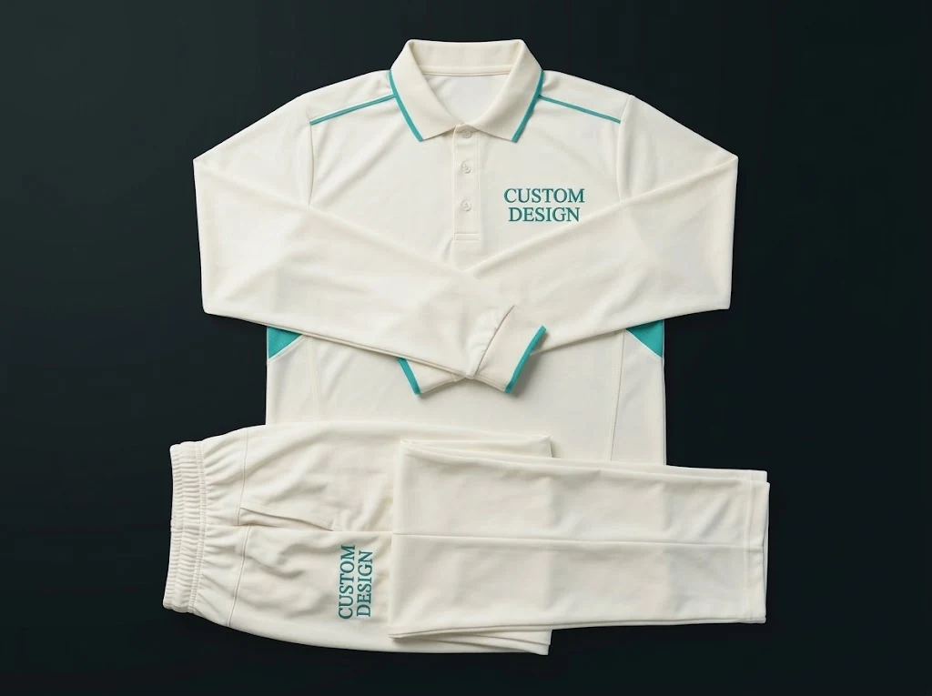 White cricket shirt and trousers with teal collar tipping, piping and a CUSTOM DESIGN chest print, laid flat on a dark background