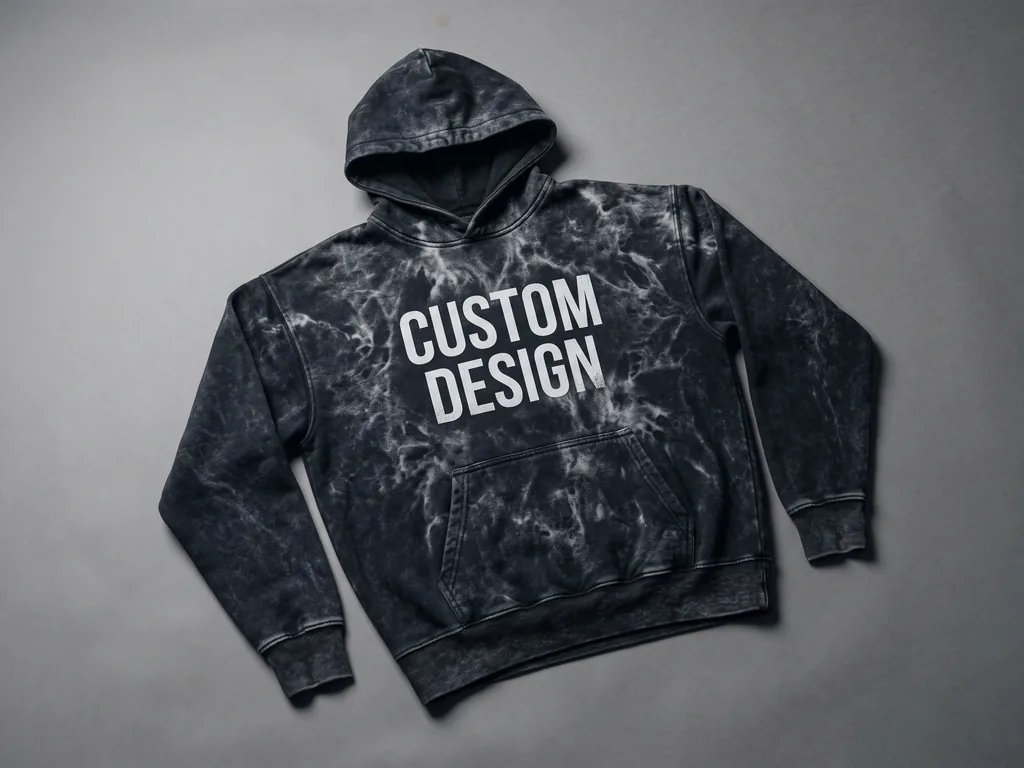 Custom acid wash black heavyweight hoodie with a bold CUSTOM DESIGN chest print and mottled vintage fade