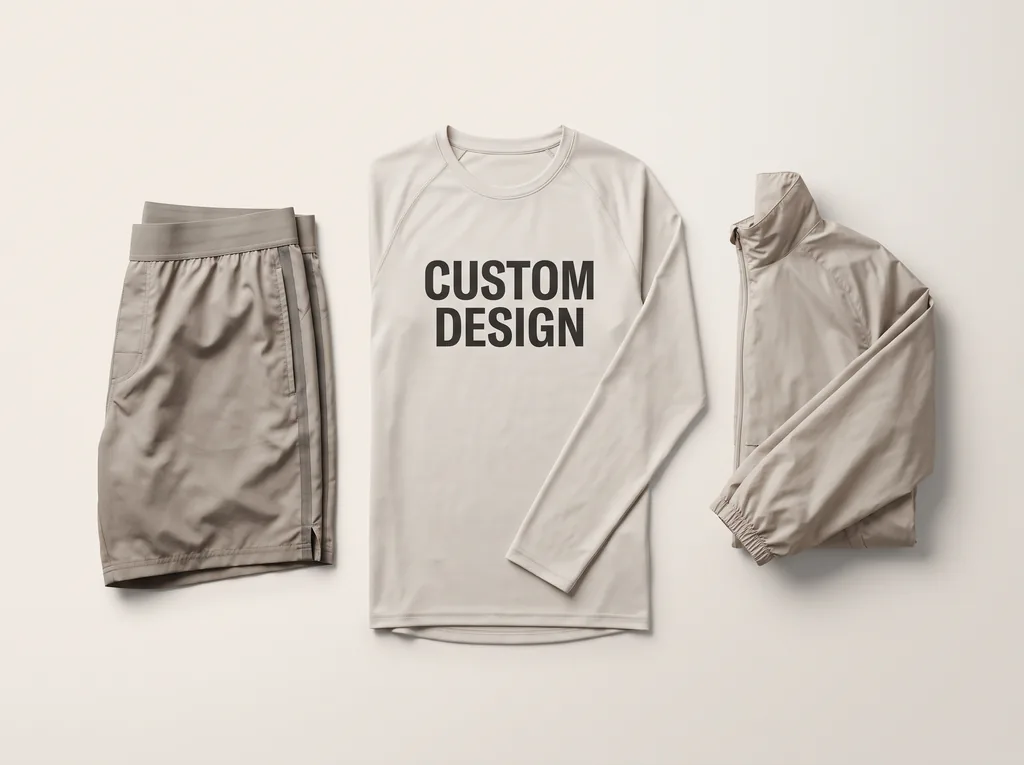 Quick-dry shorts, a CUSTOM DESIGN long-sleeve training top and a folded windbreaker shell laid flat