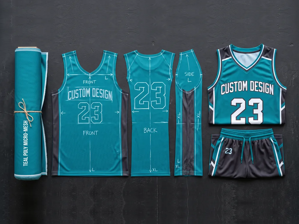 Teal poly micro-mesh roll, marked-up pattern panels and the finished kit built by a basketball uniform manufacturer