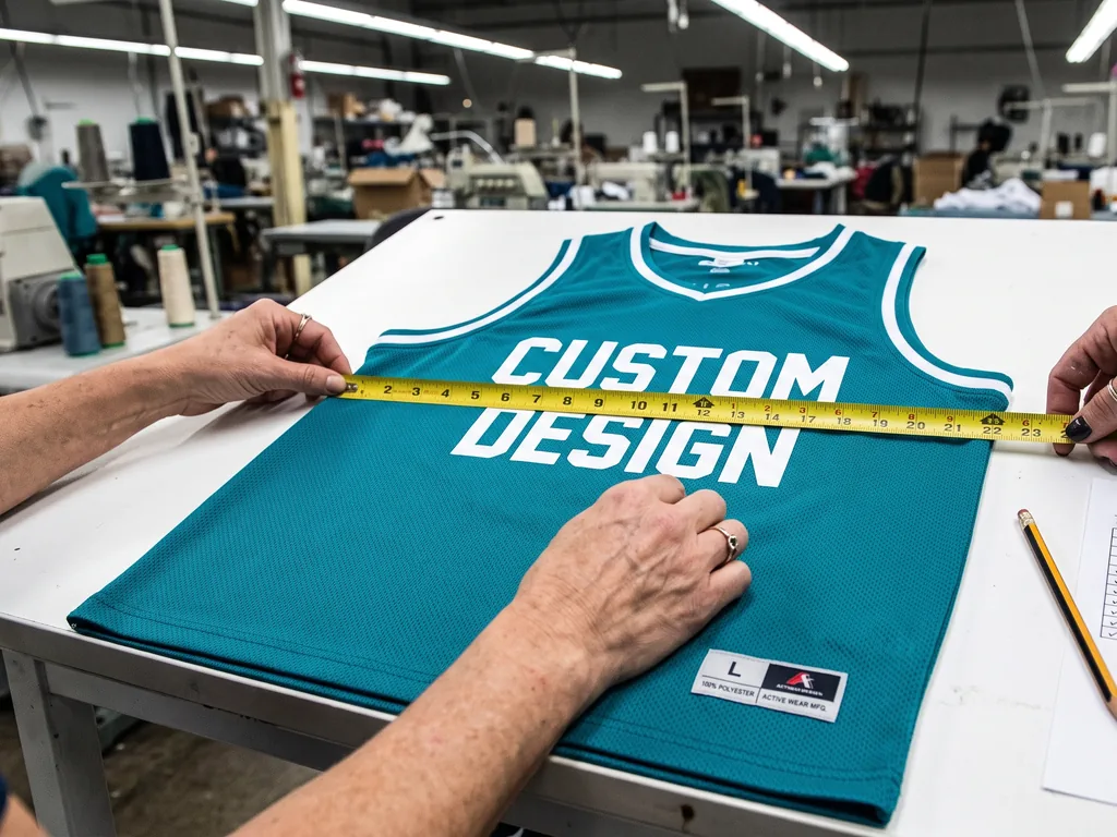 Hands measuring a finished jersey against the tech pack at a basketball uniform manufacturer's inspection table