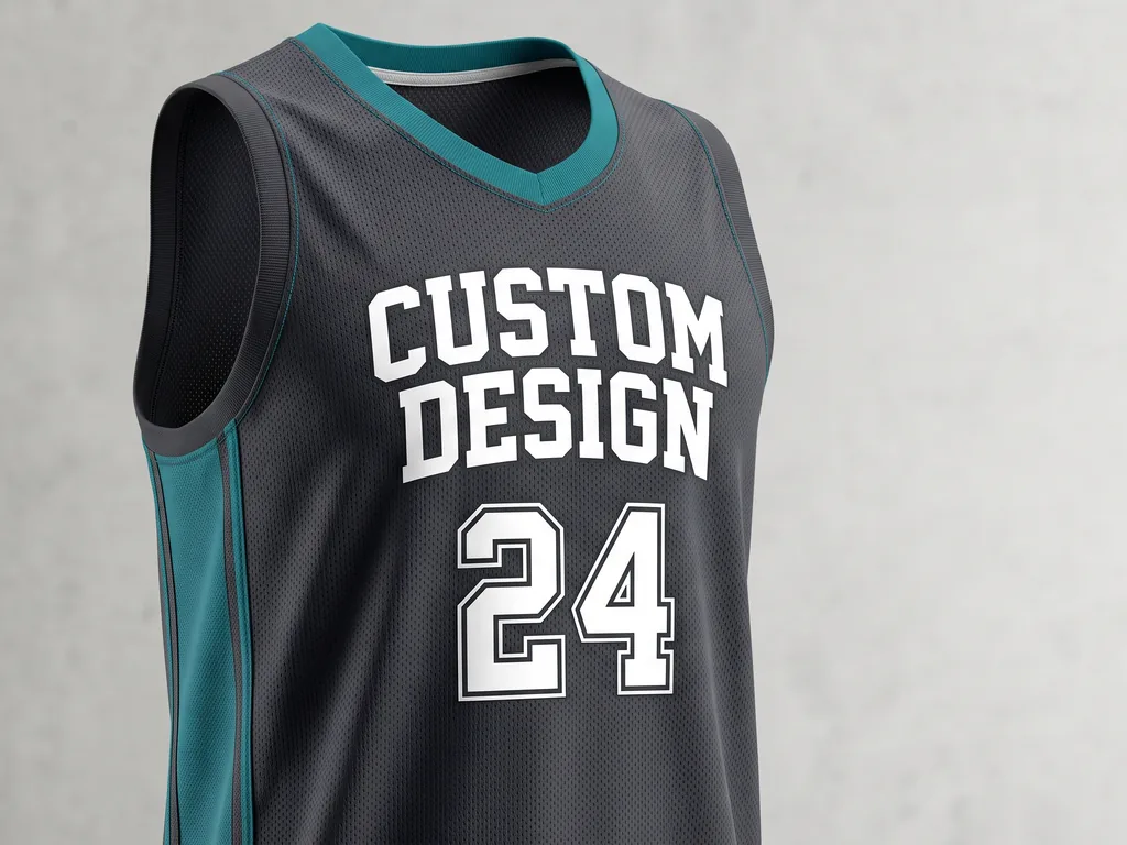 Sublimated custom basketball jersey uniform in charcoal and teal with a CUSTOM DESIGN chest graphic and number 24