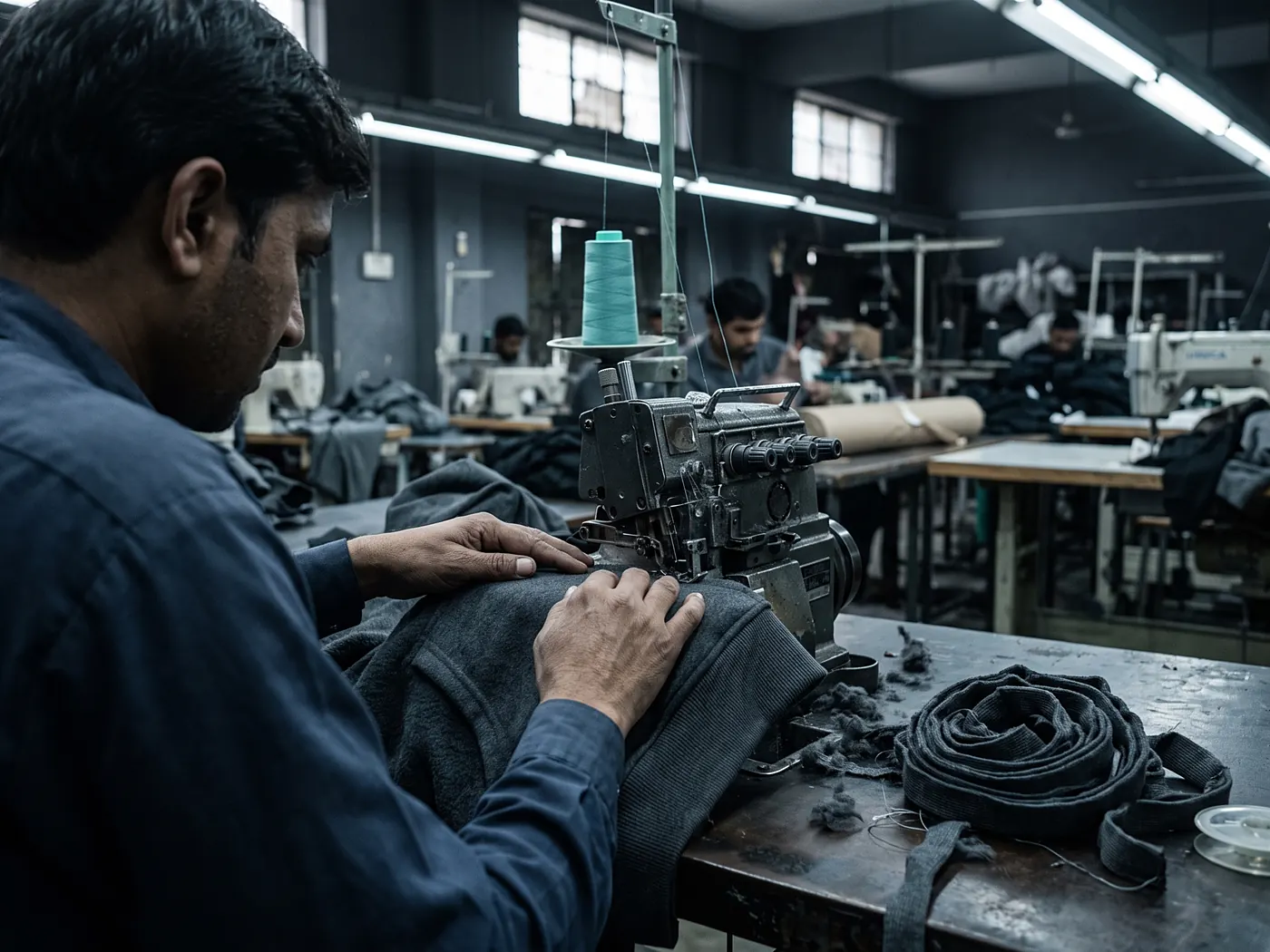 Heavyweight fleece hoodie on the stitching line at a custom clothing manufacturer in Sialkot