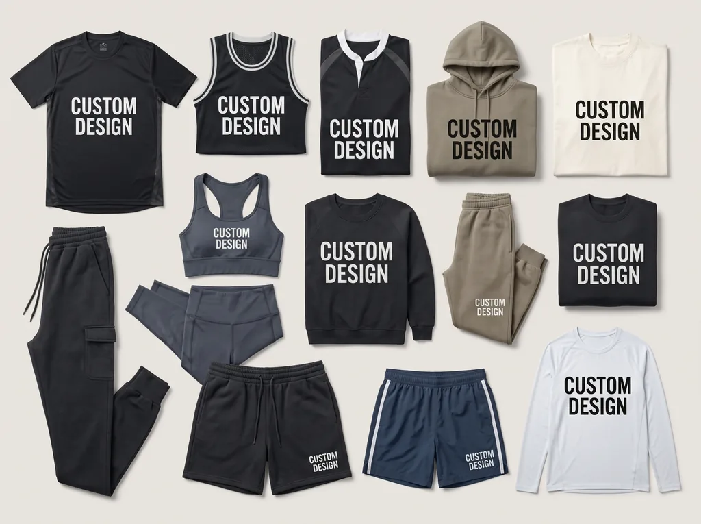Full product range from a custom clothing manufacturer in Pakistan — tees, jerseys, hoodies, sweatshirts, joggers, leggings, sports bras and shorts, each with a CUSTOM DESIGN print