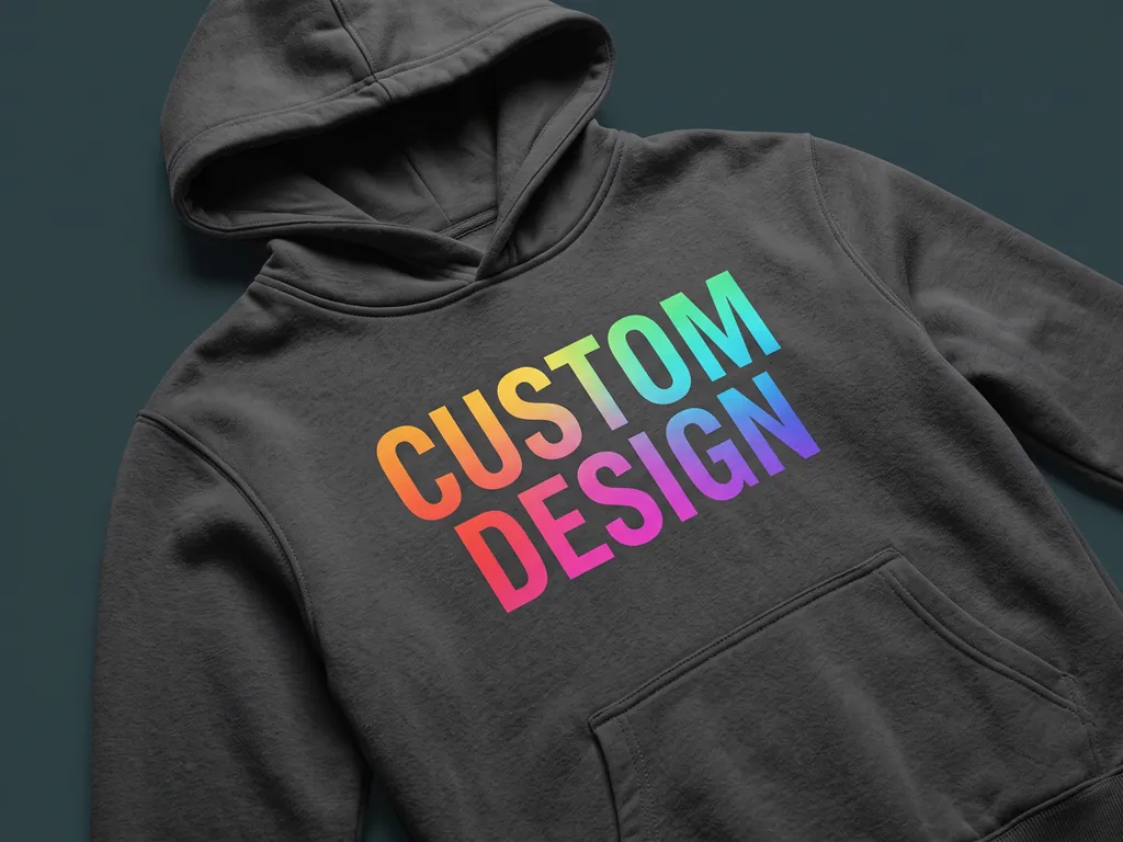 Custom DTG printed hoodie in heavyweight charcoal fleece with a full-colour CUSTOM DESIGN chest print