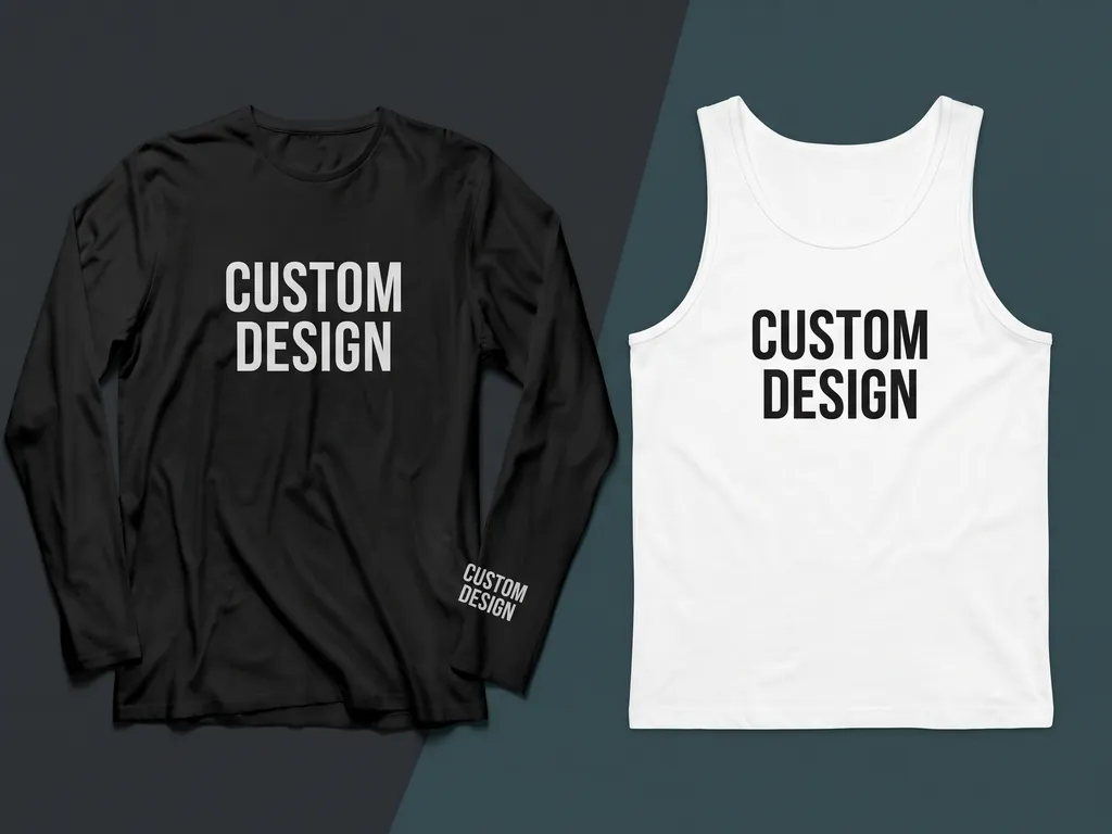 Cotton long sleeve tee and tank top printed with CUSTOM DESIGN artwork on chest and sleeve