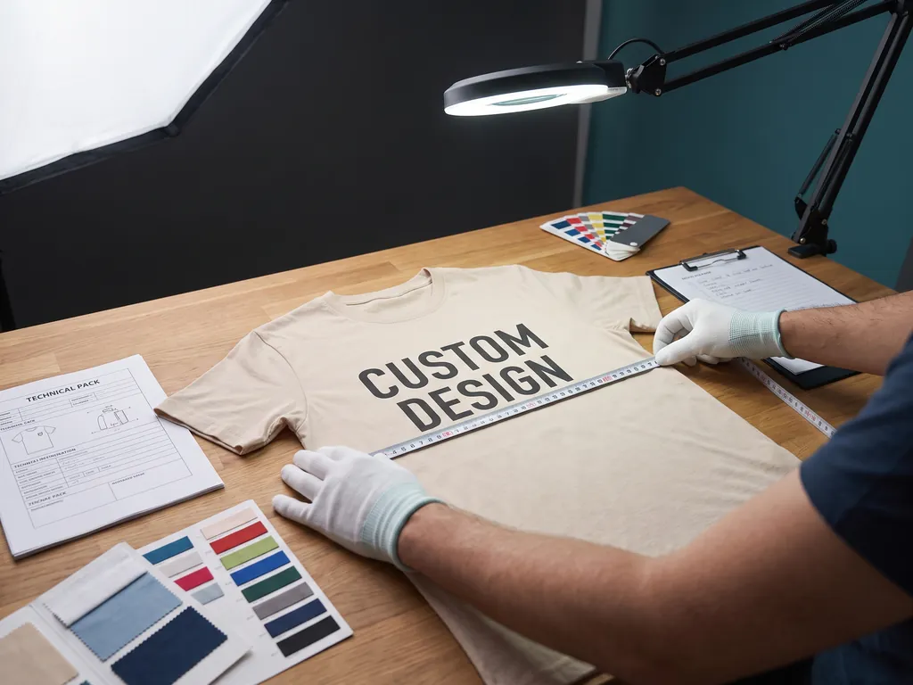 Finished CUSTOM DESIGN printed tee being checked against a tech pack after a wash test at a DTG apparel printing factory