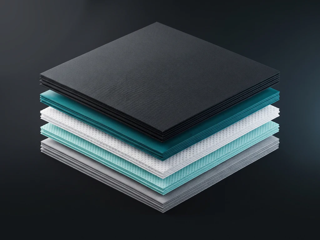 Stacked swatches of nylon-spandex, poly-elastane and birdseye mesh fitness fabrics in different GSM weights