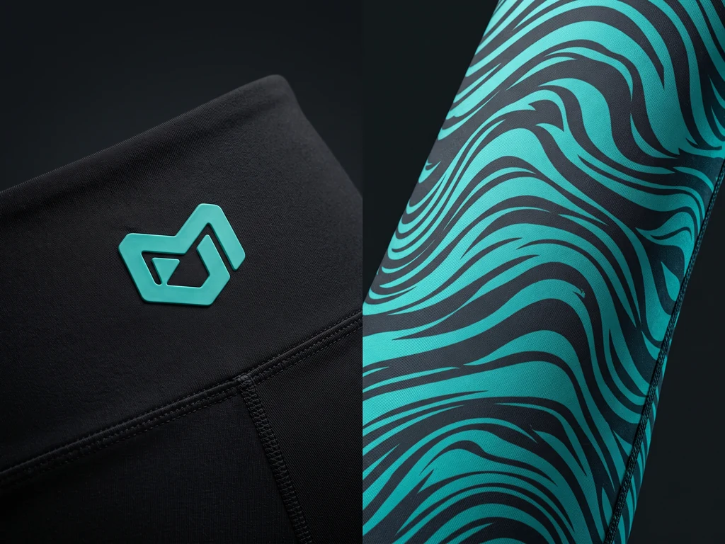 Silicone heat-transfer logo on a legging waistband beside an all-over sublimation print on poly-spandex