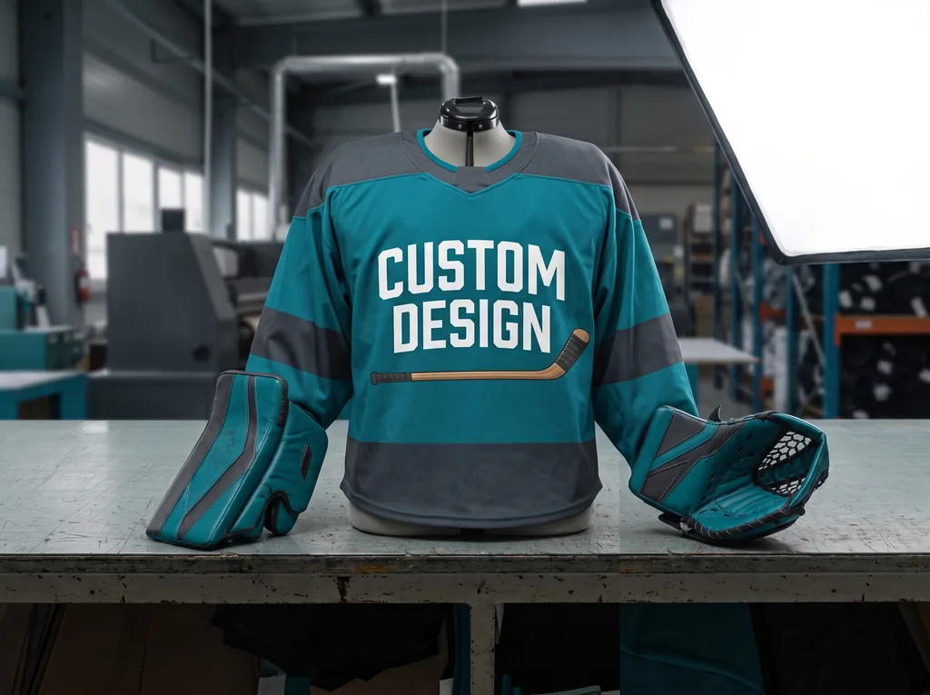 Custom goalie hockey jersey with a wide body, long sleeves and a CUSTOM DESIGN chest crest