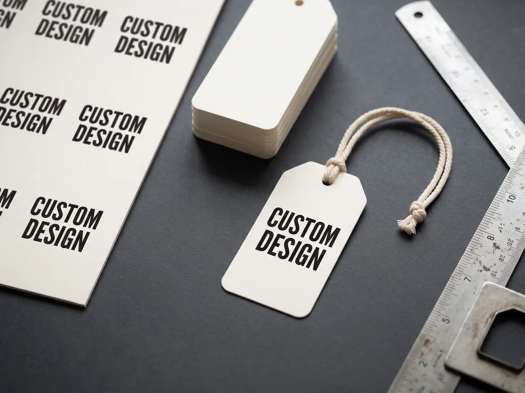 Printed sheet, die-cut board and a finished custom hang tag for clothing strung with cotton cord