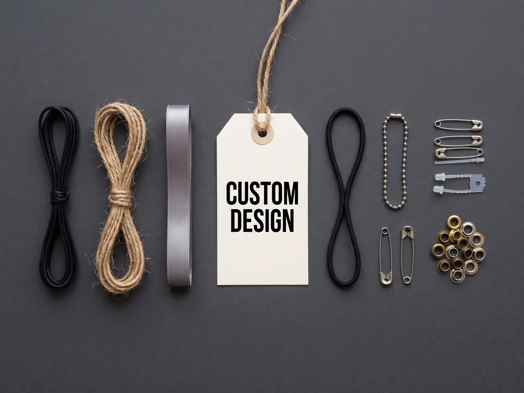 Hang tags with cord and string options, brass eyelets and plastic seals beside a CUSTOM DESIGN tag