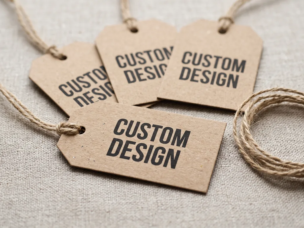 Eco-friendly recycled kraft hang tags with jute string and a CUSTOM DESIGN stamp