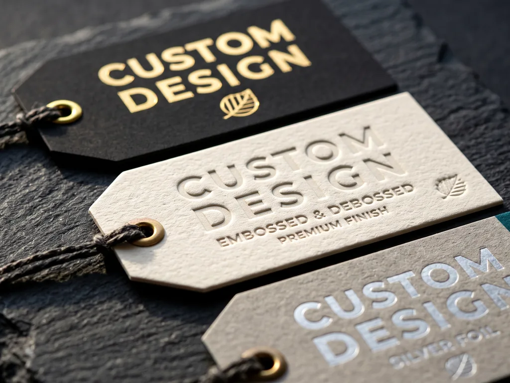 Custom embossed and gold foil hang tags with a raised CUSTOM DESIGN logo on textured board