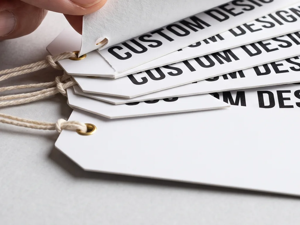 Custom printed paper tags on matte laminated art card showing a bold CUSTOM DESIGN brand print