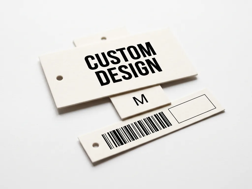 Private label clothing swing tags with barcodes, size fields and a CUSTOM DESIGN brand mark