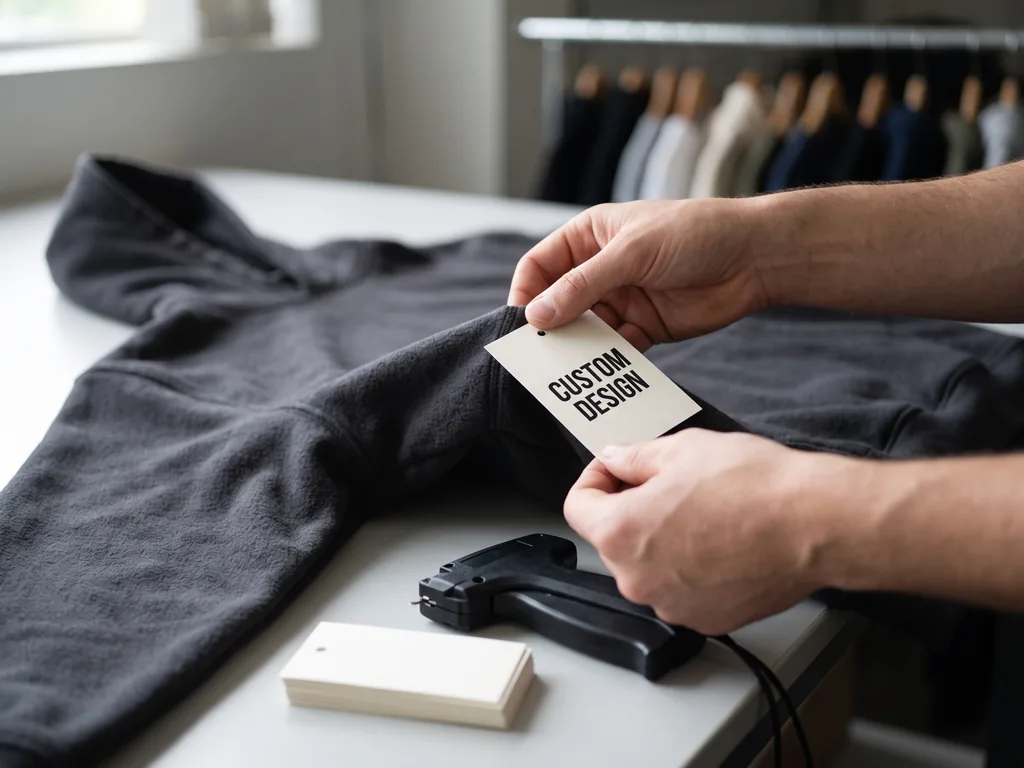 Hands attaching a custom hang tag to a finished hoodie during in-house garment tagging and inspection