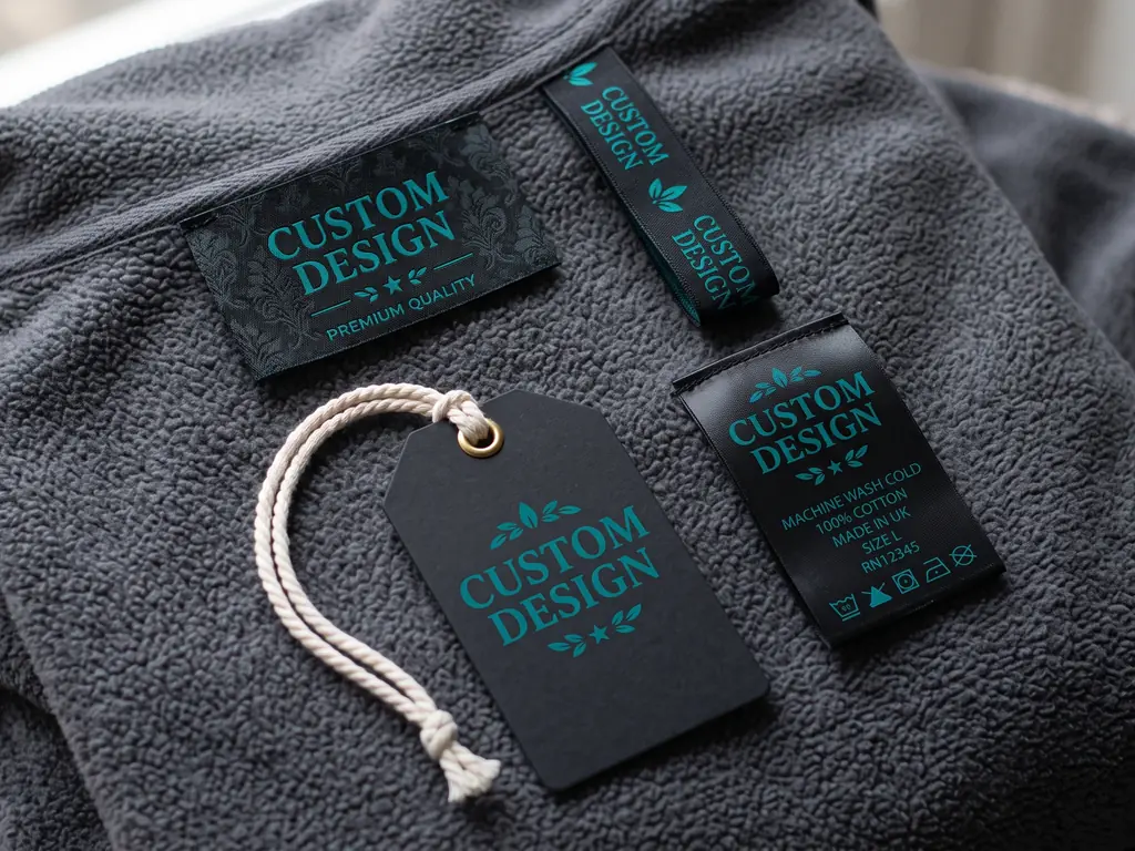 Matching woven neck label and personalized garment tags from one CUSTOM DESIGN branding pack