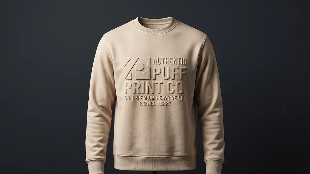 Custom heavyweight sweatshirts puff ink printing — French terry crewneck with a raised tonal puff print