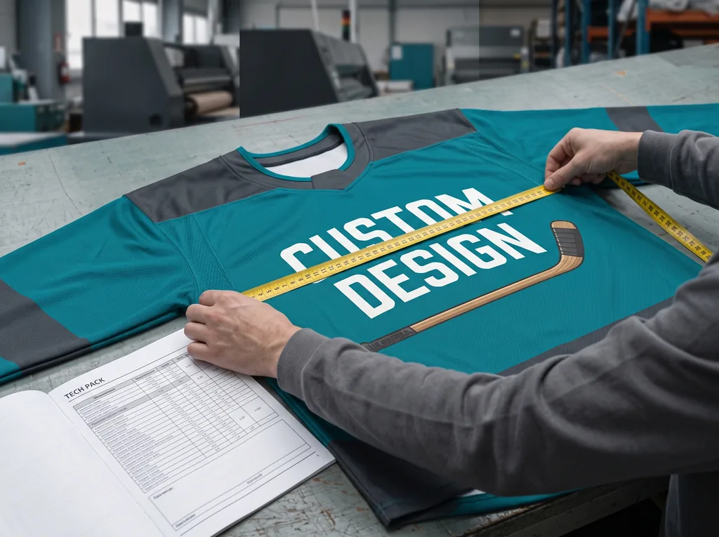 Hands measuring the chest width of a finished custom hockey jersey against a tech pack during inspection