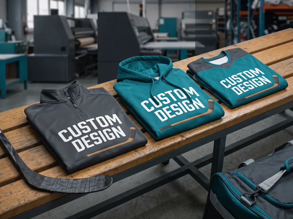 Team warm-up hoodie and travel kit with a CUSTOM DESIGN chest print beside a hockey jersey