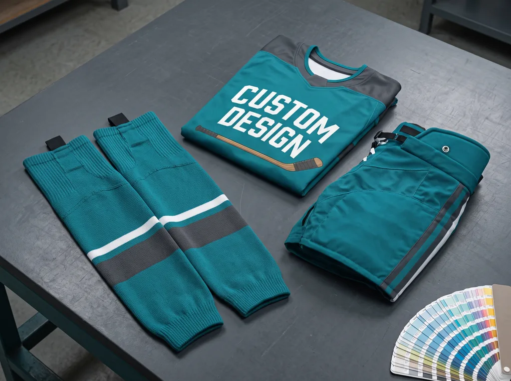 Matching hockey socks and pant shells with CUSTOM DESIGN striping, cut from one dye lot