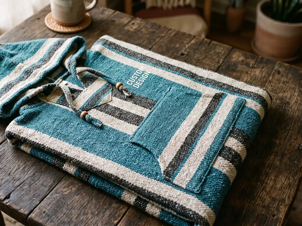Teal and cream striped baja hoodie with a pouch pocket and pointed hood, folded on a wood table with a CUSTOM DESIGN print
