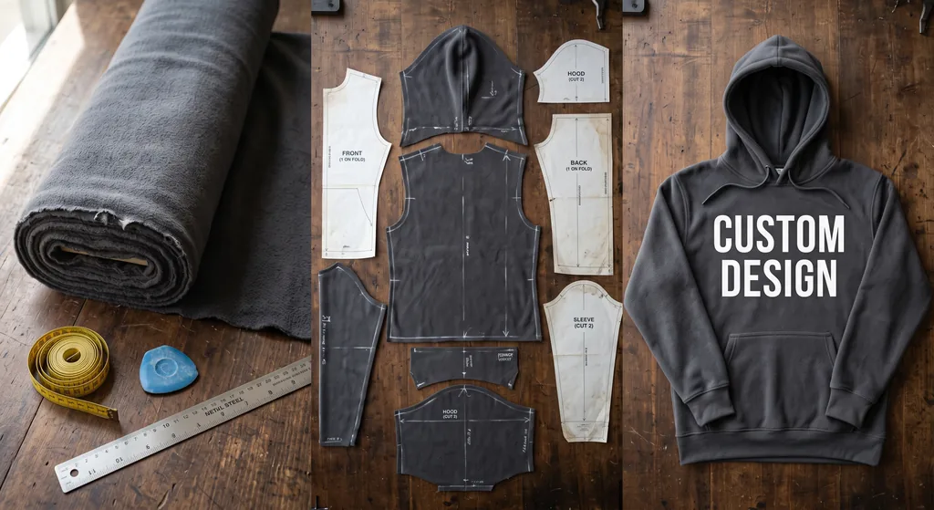 Grey fleece roll, chalked pattern pieces and the finished CUSTOM DESIGN hoodie at a custom hoodie manufacturer in Sialkot