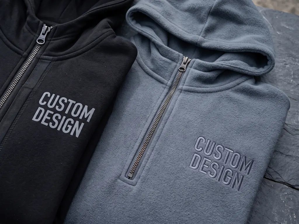 Black full-zip hoodie with a printed CUSTOM DESIGN chest logo beside a grey half-zip with the same logo embroidered tonally