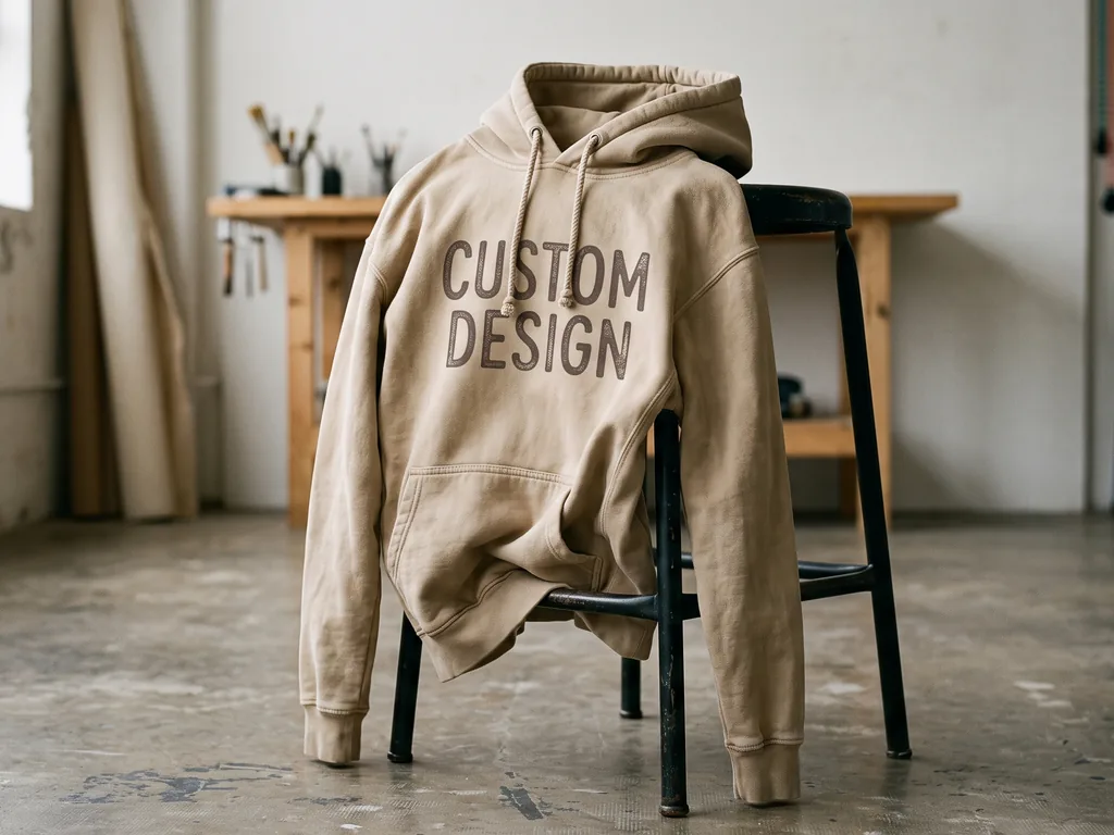 Garment-dyed sand hoodie with a soft washed CUSTOM DESIGN print, draped over a stool in a sample room