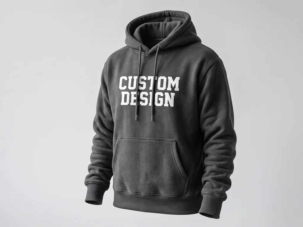 Heavyweight charcoal brushed fleece pullover hoodie with a white CUSTOM DESIGN chest print on an invisible mannequin