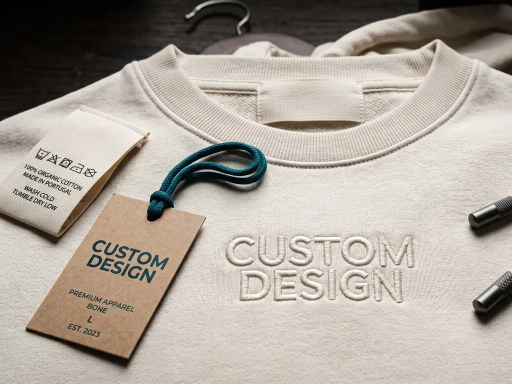 Bone private label hoodie with tonal embossed CUSTOM DESIGN branding, woven care label and kraft swing tag