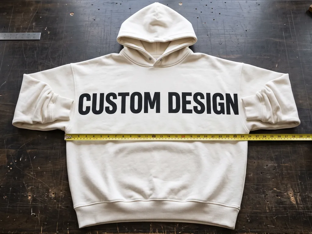 Oversized drop-shoulder hoodie in bone fleece laid flat with a tape measure across the chest and a bold CUSTOM DESIGN print