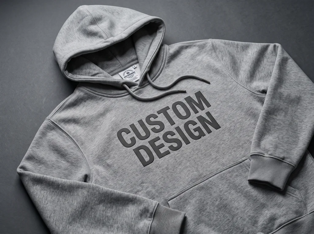 Heavyweight fleece hoodie with a bold CUSTOM DESIGN chest print made by a custom hoodie manufacturer in Pakistan