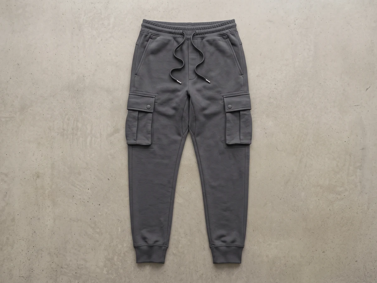 Cargo jogger flat-lay showing bellows thigh pockets with flaps and bar-tacked stress points