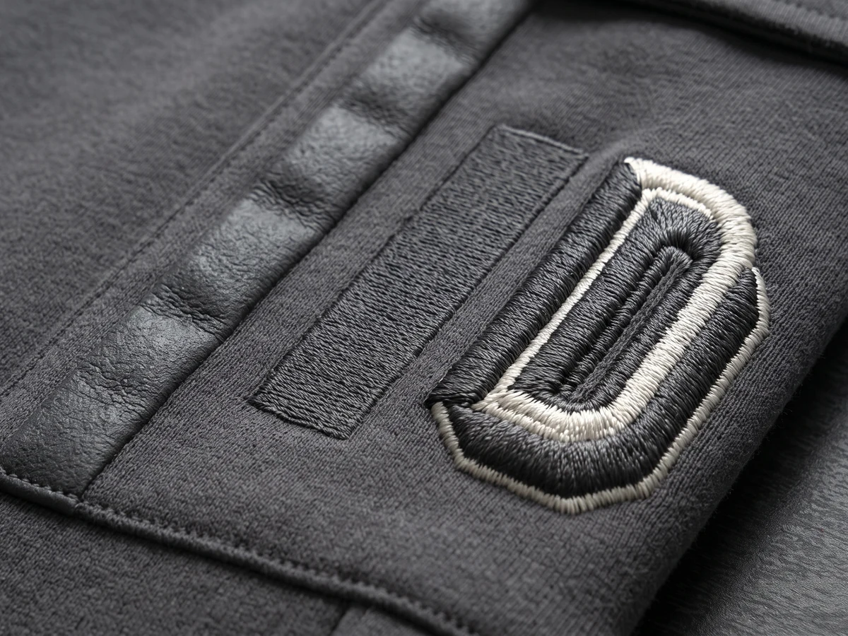 Close-up of jogger decoration, raised 3D embroidery and tonal print on brushed fleece