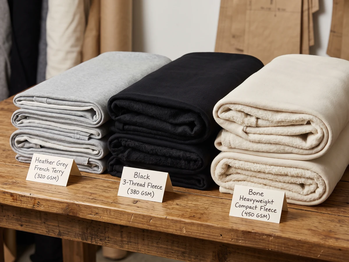 Jogger fabrics at a custom joggers manufacturer: French terry and brushed fleece stacks from 320 to 450 GSM