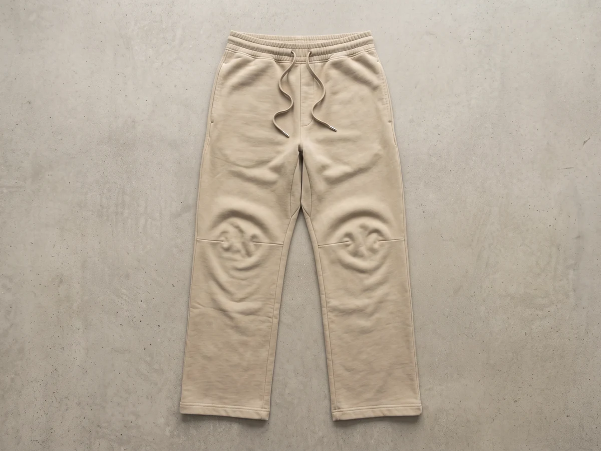 Garment-dyed wide-leg sweatpant flat-lay in washed sand, showing relaxed thigh and open leg opening