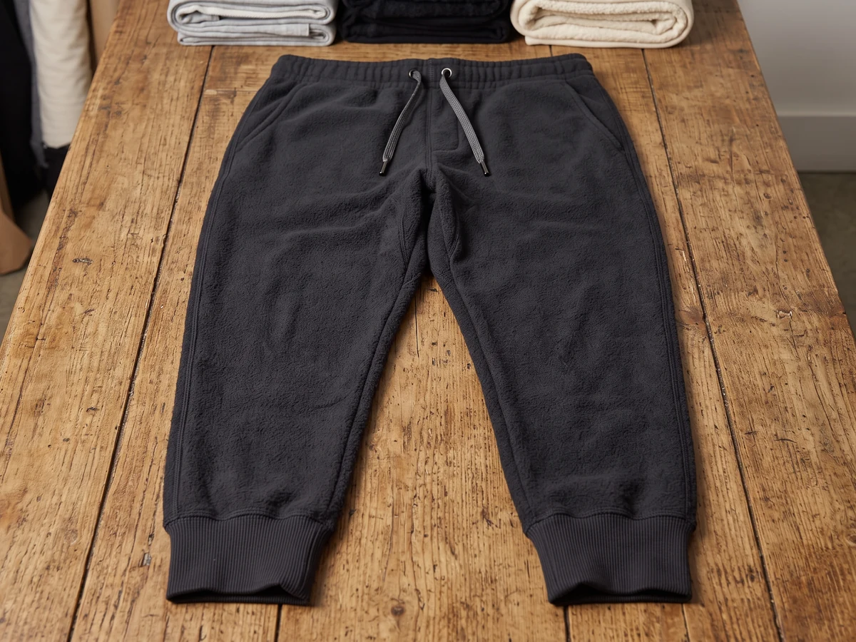 Custom tapered jogger flat-lay showing ribbed cuffs, side seam pockets and drawcord waistband