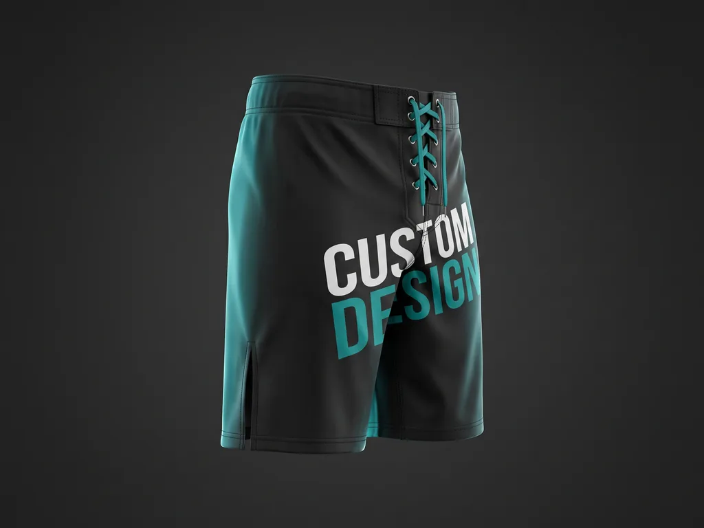 Long board-short style custom MMA shorts with a CUSTOM DESIGN thigh print and lace-up front