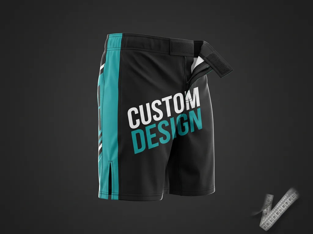 Custom hybrid MMA fight shorts with a bold CUSTOM DESIGN leg print, split leg and stretch side panel