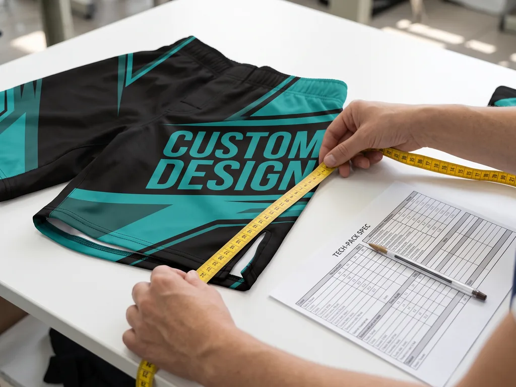 Hands measuring the split height of finished custom MMA shorts against a tech pack during inspection