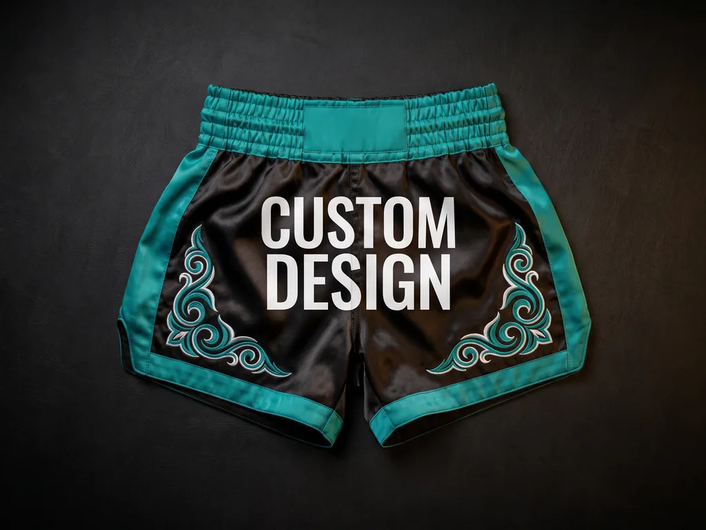 Custom Muay Thai shorts in satin polyester with a bold CUSTOM DESIGN waistband, folded flat