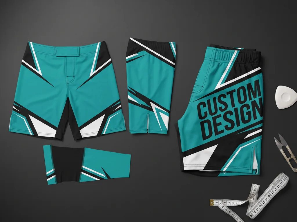 Sublimated fabric panels beside a finished pair of custom MMA shorts printed CUSTOM DESIGN on the leg