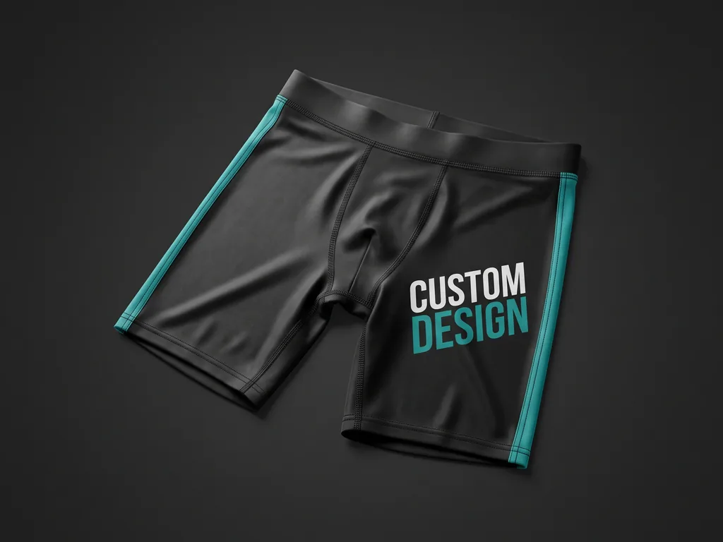 Custom vale tudo compression shorts with a bold CUSTOM DESIGN side print, laid flat